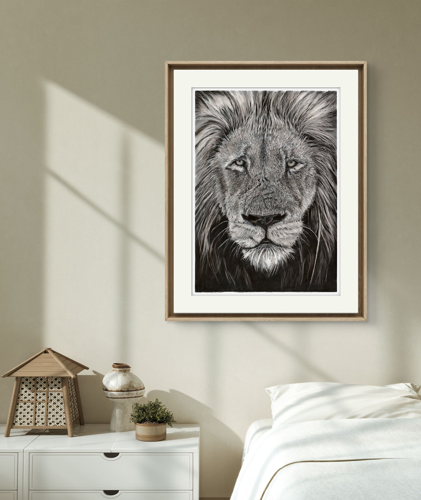 Fine Art Print Lions Face Close Up black and white on wall in bedroom