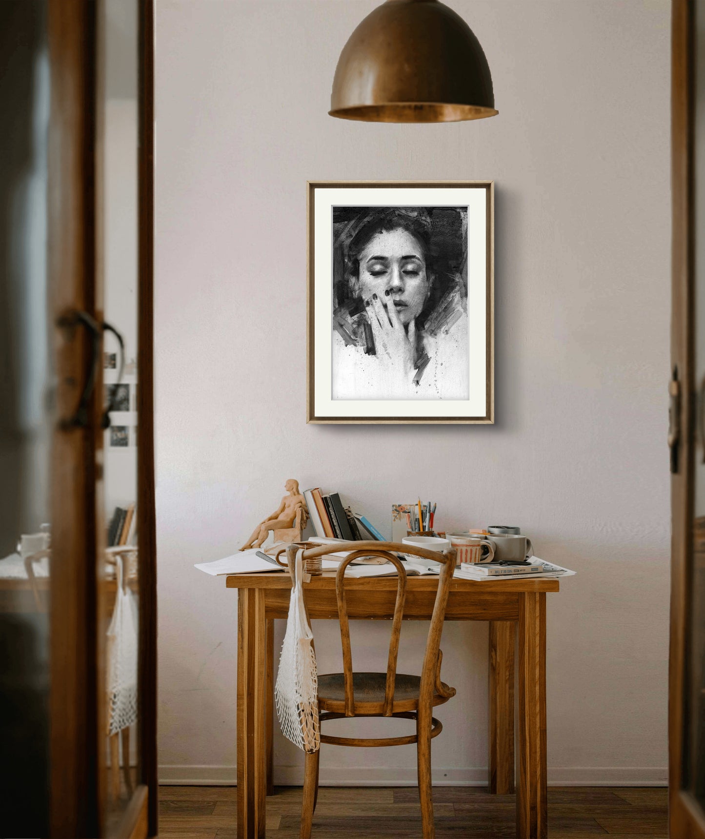 Fine Art Print Womans Face black and white on wall in study